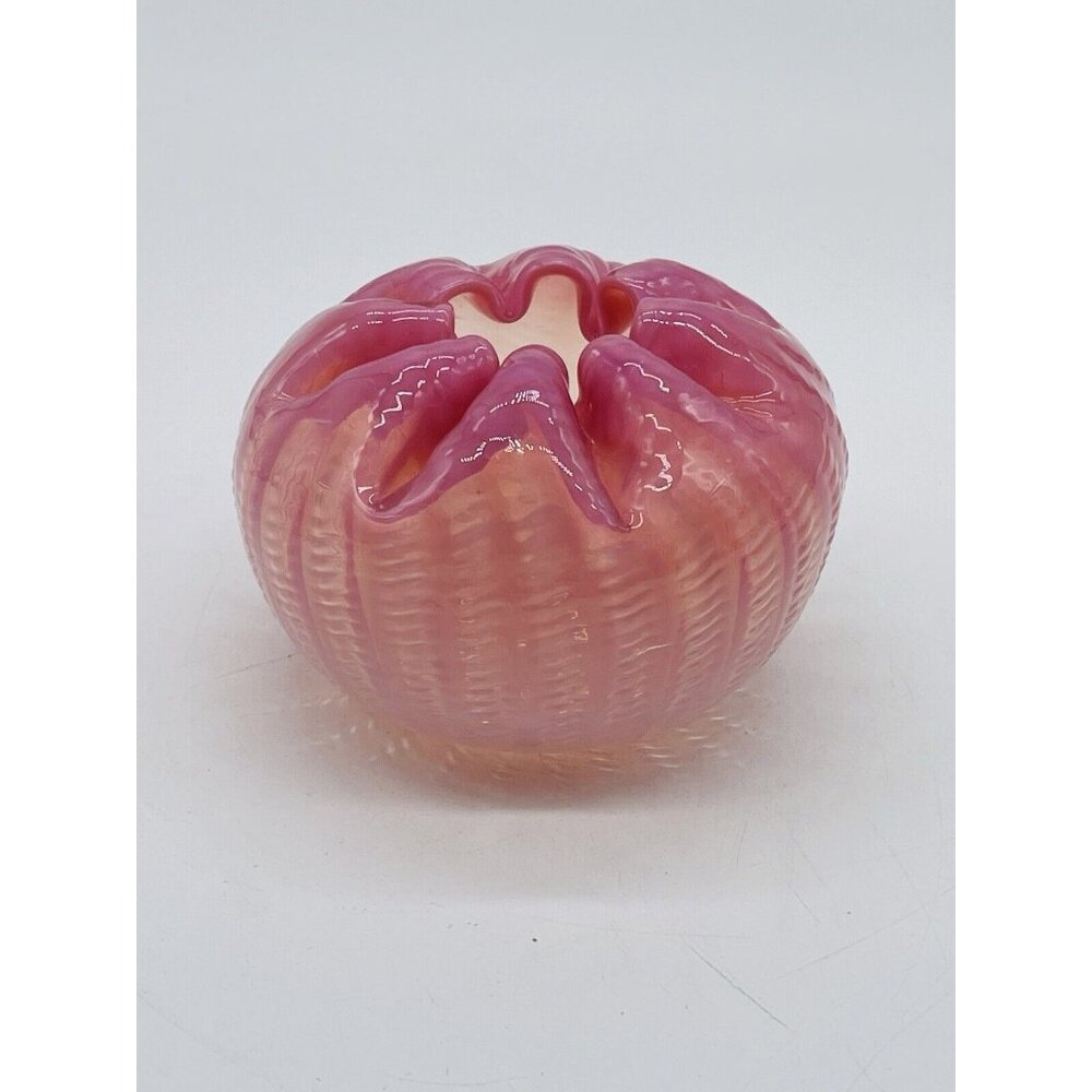 Antique Victorian Pink Cranberry Art Glass Zipper Pattern Rose Bowl Crimped Edge